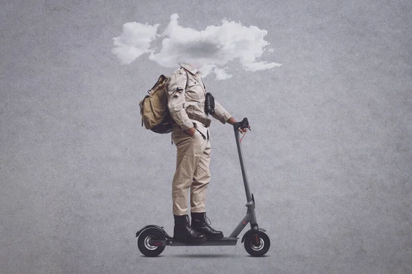 Explorer Head Cloud Riding Electric Scooter Isolation Imagination Concept — Stock Photo, Image