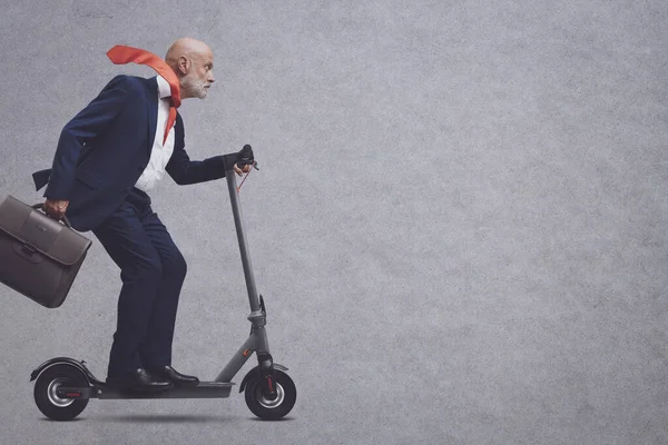 Corporate Business Executive Riding Fast Eco Friendly Electric Scooter Blank — Stock Photo, Image