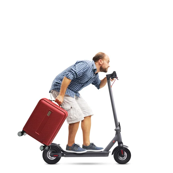 Traveller Man Holding Trolley Bag Riding Fast Electric Scooter Sustainable — Stock Photo, Image