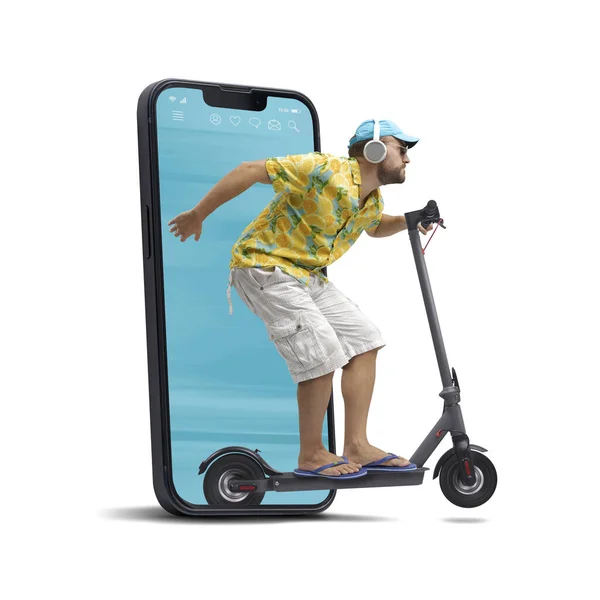 Hombre Fresco Montando Scooter Eléctrico Rápido Saliendo Una Pantalla Teléfono — Foto de Stock