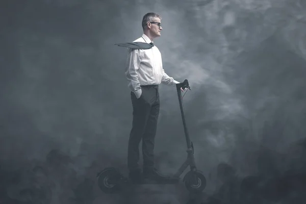 Businessman Riding Electric Scooter Post Apocalyptic Polluted World Surrounded Smog — Stock Photo, Image