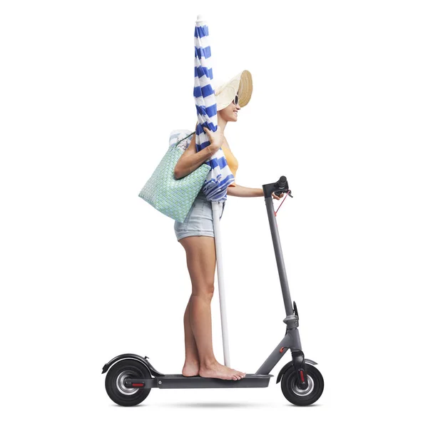 Young Happy Tourist Woman Riding Electric Scooter Going Beach Isolated — Stock Photo, Image