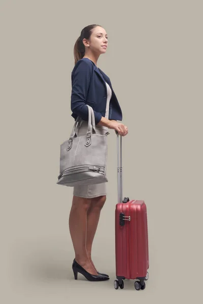 Elegant Businesswoman Traveling Alone Bag Trolley Suitcase She Waiting Looking — Stock Photo, Image