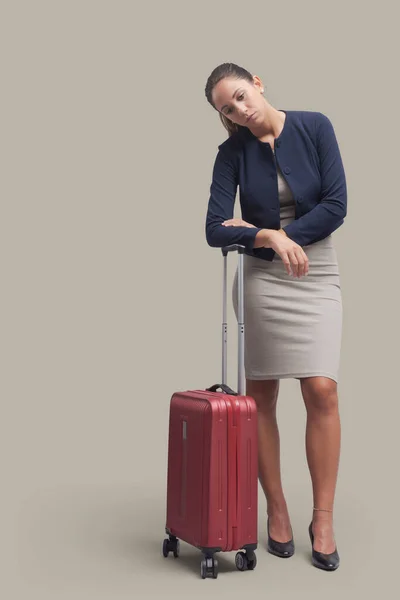 Tired Disappointed Businesswoman Waiting Station She Leaning Her Trolley Bag — Stock Photo, Image