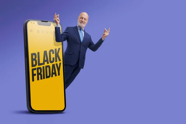 Black Friday Sale Happy Man Snapping His Fingers Making Wishes — Stock Photo, Image