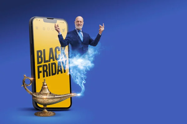 Black Friday Sale Advertisement Smartphone Genie Lamp Snapping His Fingers — Stock Photo, Image