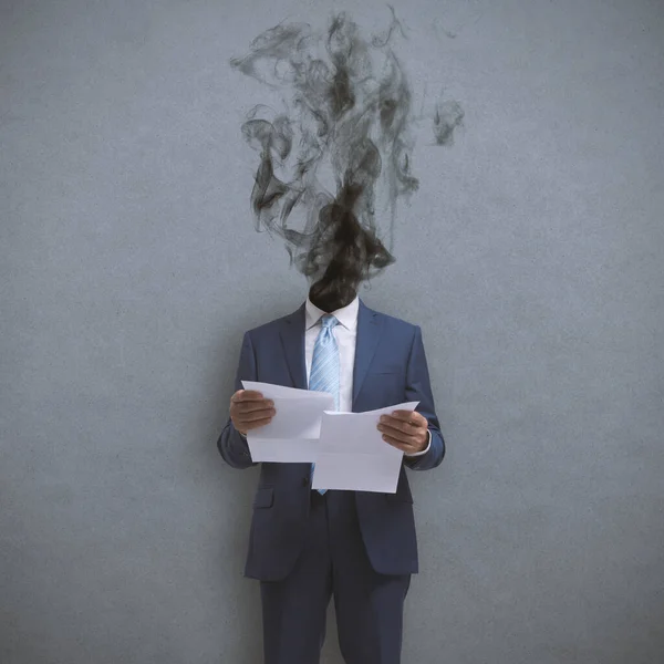 Angry Businessman Smoke Place His Head Holding Expensive Utility Bills — Stock Photo, Image