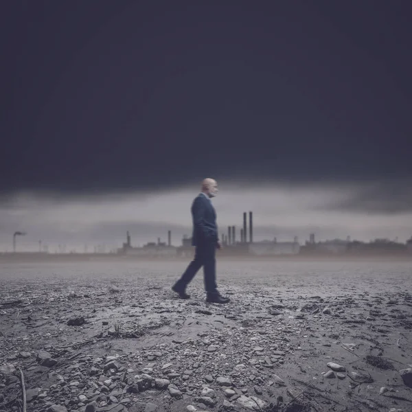 Businessman Walking Polluted Dry Land Factories Background Environmental Damage Concept — Stock Photo, Image