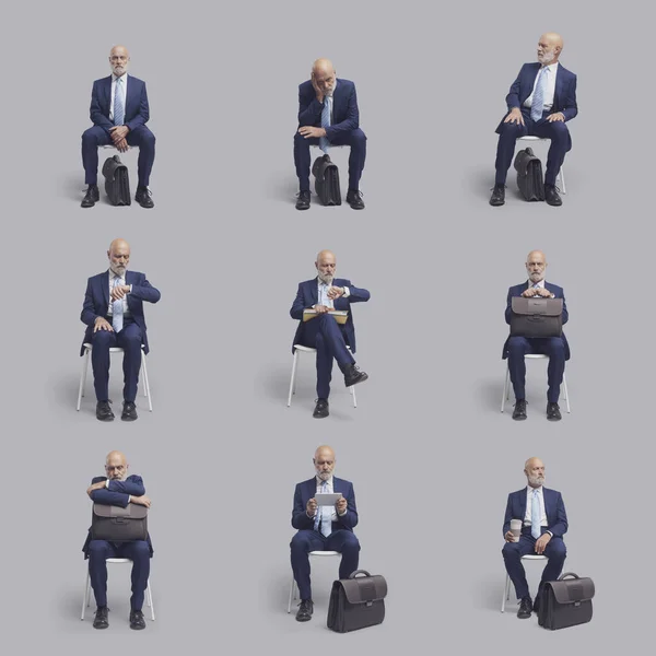 企业商人坐在椅子上等待求职面试 一组肖像拼贴 — 图库照片