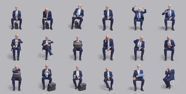 Businessman sitting on a chair and waiting for a job interview or a medical consultation, isolated on gray background, set of portraits