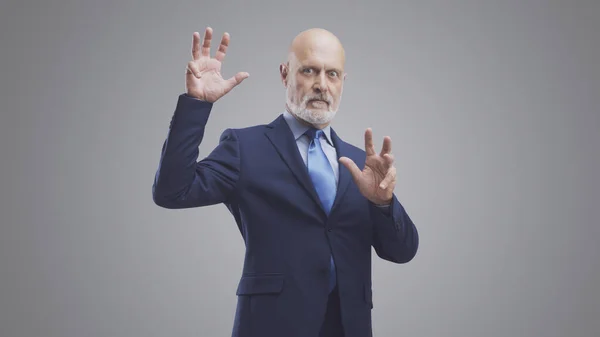 Businessman Moving His Hands Putting Spell You Trying Scare Viewer — Stock Photo, Image
