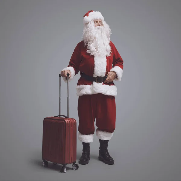 Resande Jultomten Håller Vagn Väska Och Väntar Han Lämnar Vid — Stockfoto