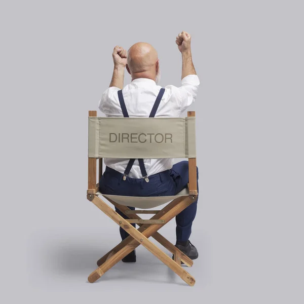 Angry Disappointed Film Director Sitting Director Chair Shouting Raised Fists — Stock Photo, Image