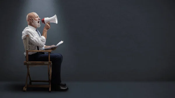 Confident Professional Film Director Sitting Director Chair Shouting Megaphone Film — Stock Photo, Image