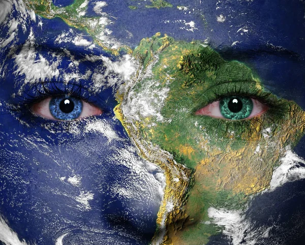 Earth painted on woman face. Elements of this image furnished by NASA — Stock Photo, Image