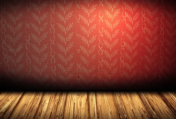 Realistic room with wooden floor and pattern on red wall — Stock Photo, Image