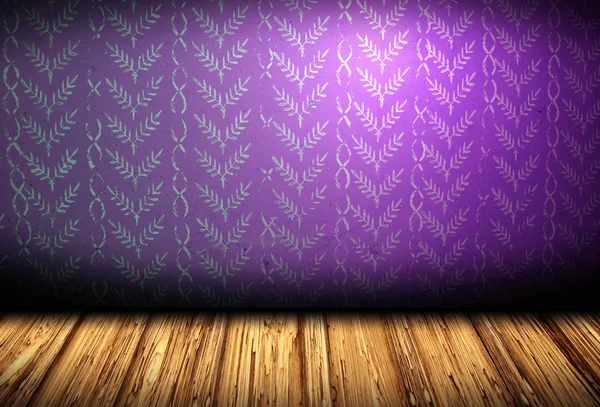 Realistic room with wooden floor and pattern on violet wall — Stock Photo, Image