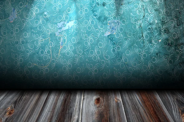 Realistic room with wooden floor and pattern on blue wall — Stock Photo, Image