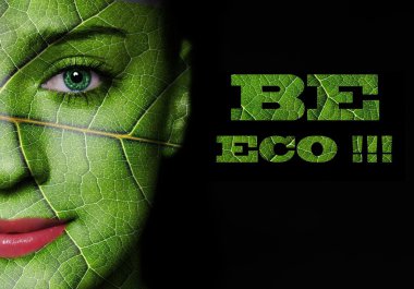 Woman face with leaf texture and green eyes clipart