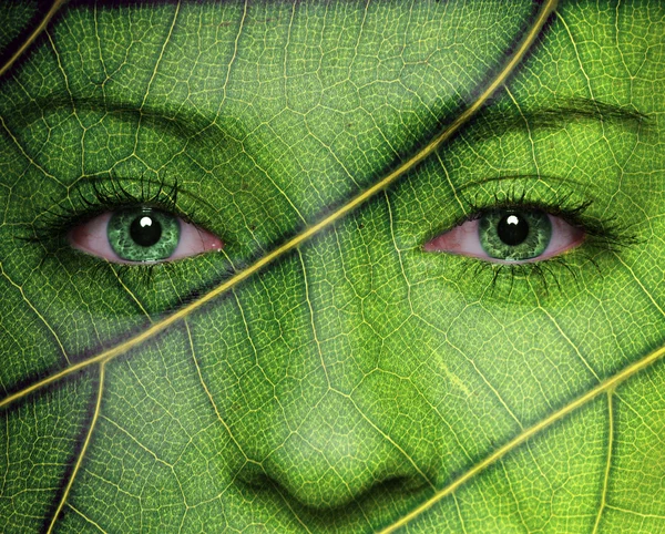 Visage de femme avec texture de feuille et yeux verts — Photo