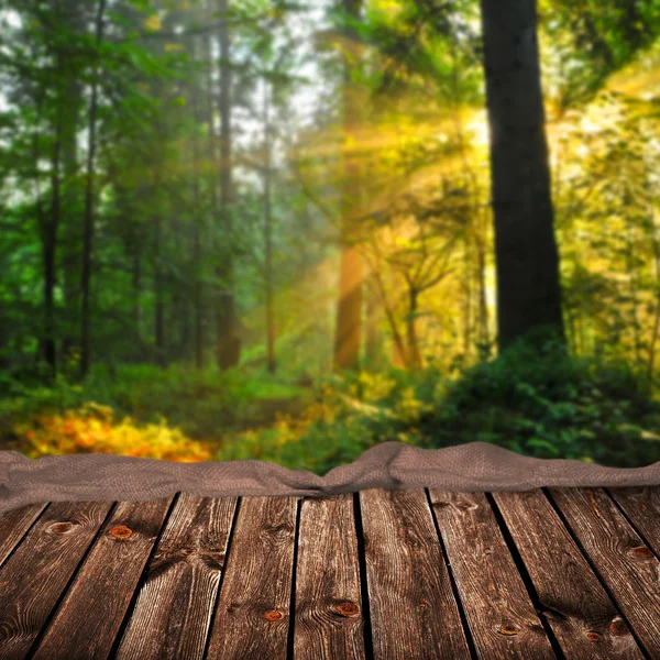 Empty wooden table and green forest — Stock Photo, Image