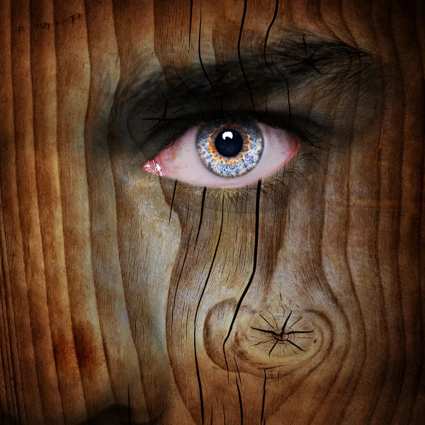 Wood texture on angry man face — Stock Photo, Image