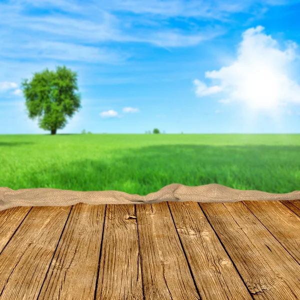 Antigua mesa de madera vista del prado verde, árbol y cielo — Foto de Stock