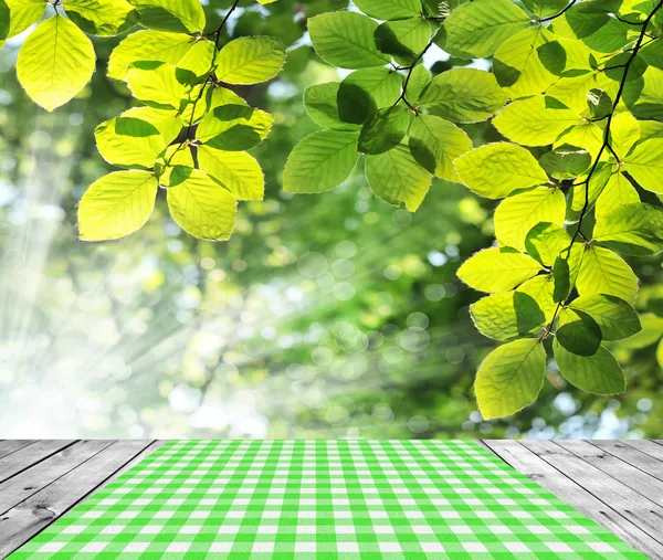 Mesa vacía con hojas verdes de fondo . — Foto de Stock