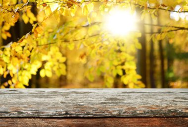 Boş eski ahşap masa arkaplanı - sonbahar arkaplanı