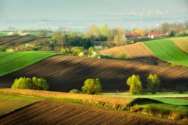 Tarlaları sürülmüş güzel bahar kırsal arazisi
