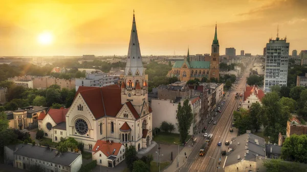 Vista Aérea Cidade Lodz Polônia Durante Pôr Sol — Fotografia de Stock