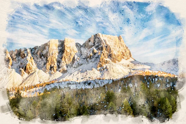 Dolomite Dağları Nın Ilk Kış Manzarası Sulu Boya — Stok fotoğraf