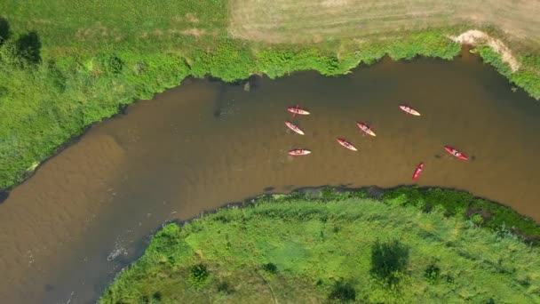 Drone Tiro Río Natural Durante Verano Con Los Pueblos Piragüismo — Vídeos de Stock