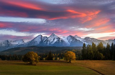 Beautiful autumn sunset over Tatra mountains in Poland