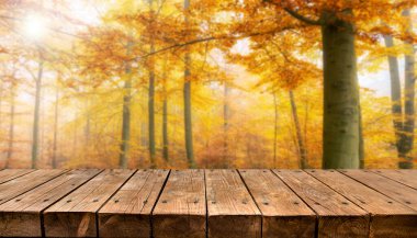 Boş eski ahşap masa arkaplanı - sonbahar arkaplanı