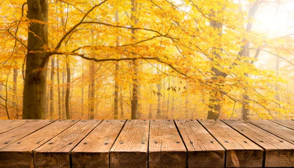 Boş eski ahşap masa arkaplanı - sonbahar arkaplanı