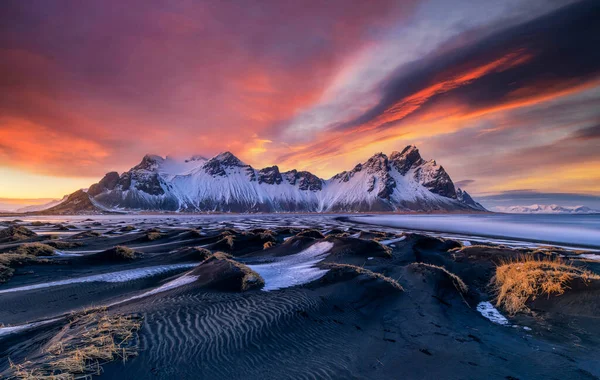 Famous Stokksness beach in Iceland during sunset