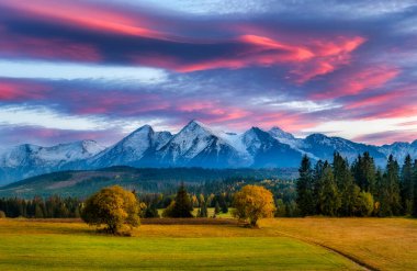 Beautiful autumn sunset over Tatra mountains in Poland