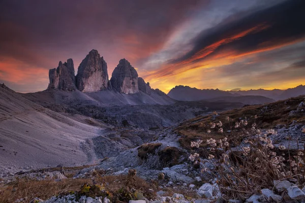 Beautiful Landscape Mountains Sunset Tre Cime Lavaredo — Stock Photo, Image