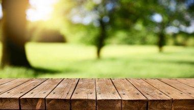 Eski boş ahşap masa - yeşil bahar arkaplanı