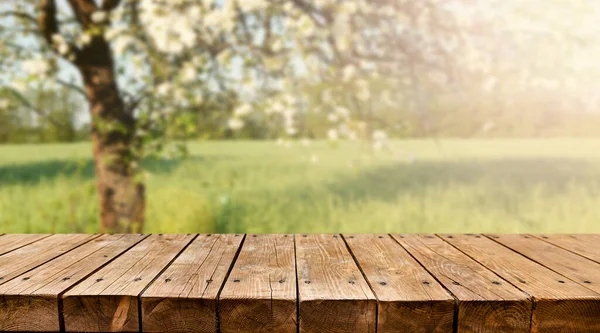 Pusty Drewniany Stół Motywem Wiosny Tle — Zdjęcie stockowe