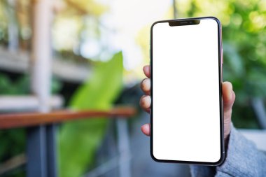 El ele tutuşan ve boş masaüstü ekranlı siyah cep telefonunu gösteren bir resim 