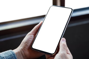 Boş beyaz masaüstü ekranlı cep telefonu tutan bir kadının görüntüsü 