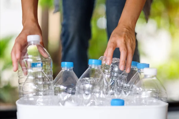 Geri dönüşümlü çöp şişelerini toplayıp evdeki çöp kutusuna koyan bir kadın.