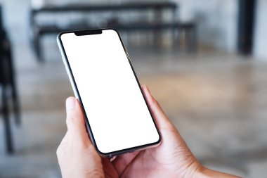 Boş beyaz masaüstü ekranlı cep telefonu tutan bir kadının görüntüsü 