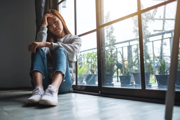 Sad Stressed Young Asian Woman Sitting Alone Room — Photo