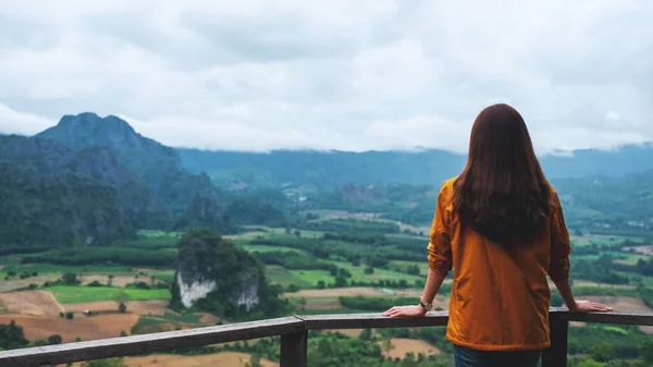 Vista Trasera Una Mujer Viajera Mirando Una Hermosa Montaña Brumosa —  Fotos de Stock
