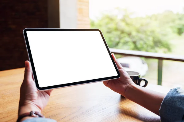 Mockup Image Woman Holding Digital Tablet Blank White Desktop Screen — 스톡 사진