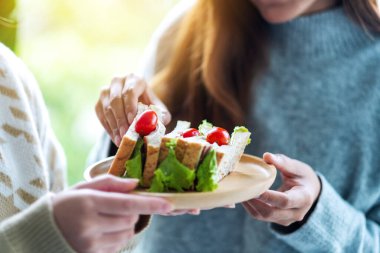 İki kadın, tahtadan tabakta kepekli sandviçi birlikte tutuyor ve yiyorlar.