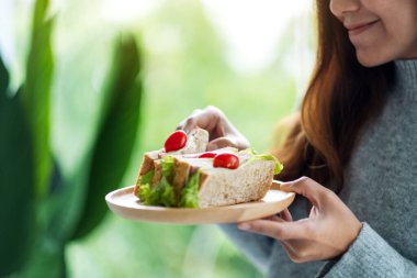 Tahta tabakta bütün buğday sandviçini tutan ve yiyen bir kadının yakın plan görüntüsü.